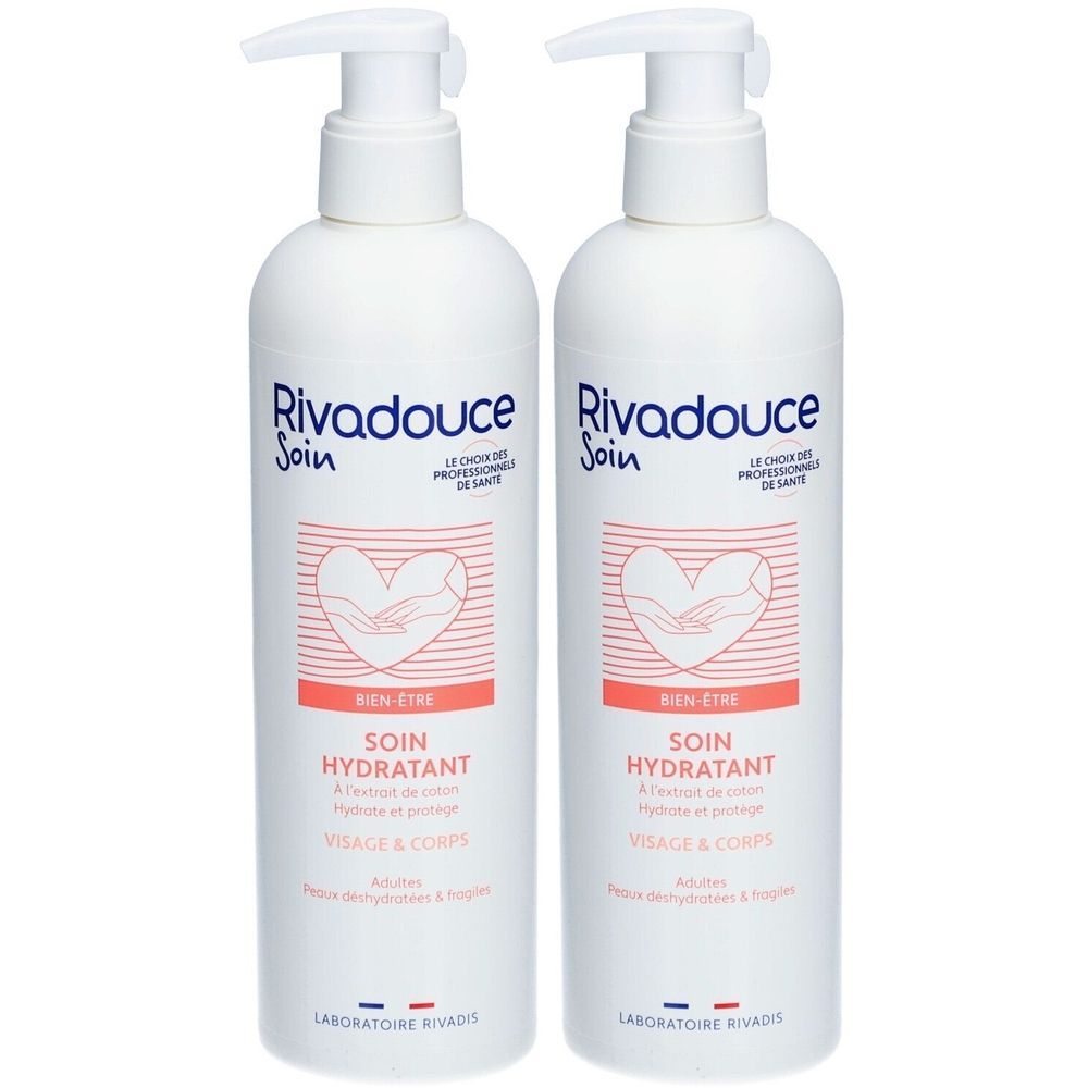 Twee witte flessen met pomp. Opschrift Rivadouce Soin, Bien-être, Soin Hydratant, Visage & Corps. Logo met hart en handen.