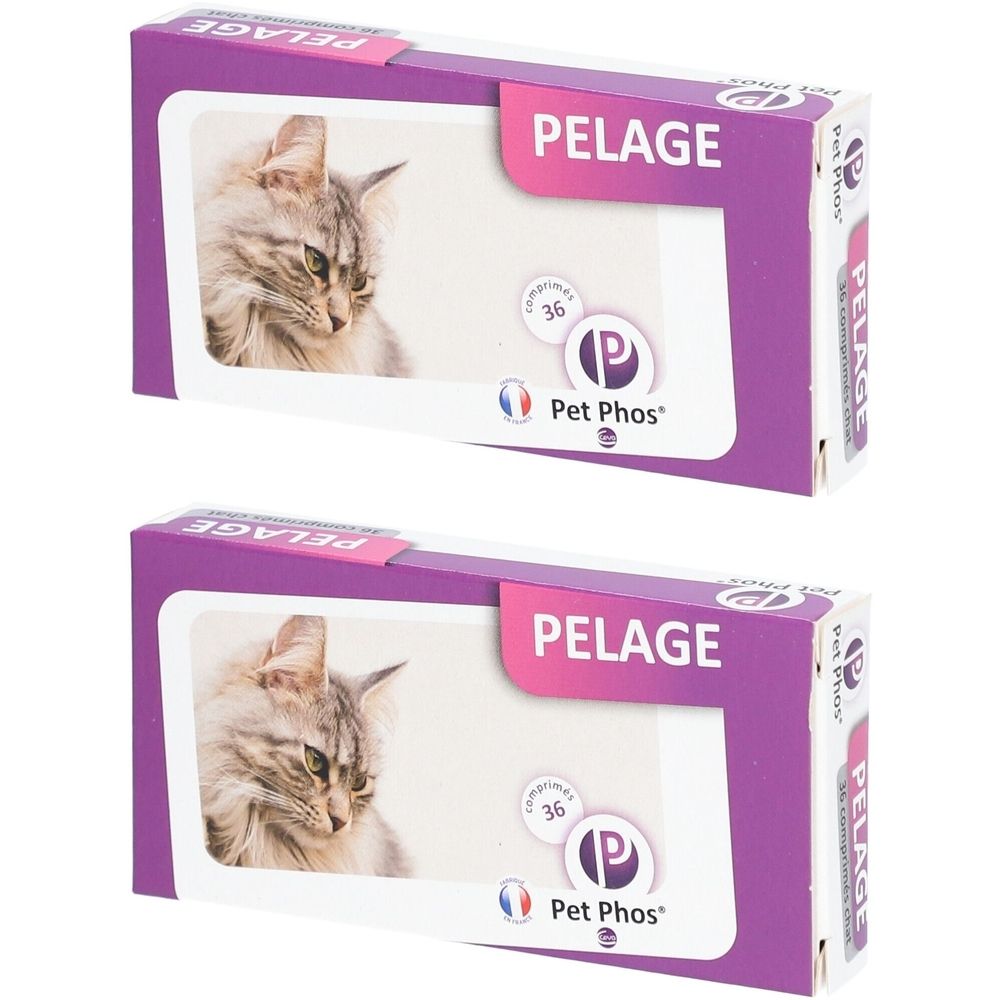 Deux boîtes rectangulaires. Sur chaque boîte, une tête de chat. Texte: PELAGE, 36, Pet Phos.