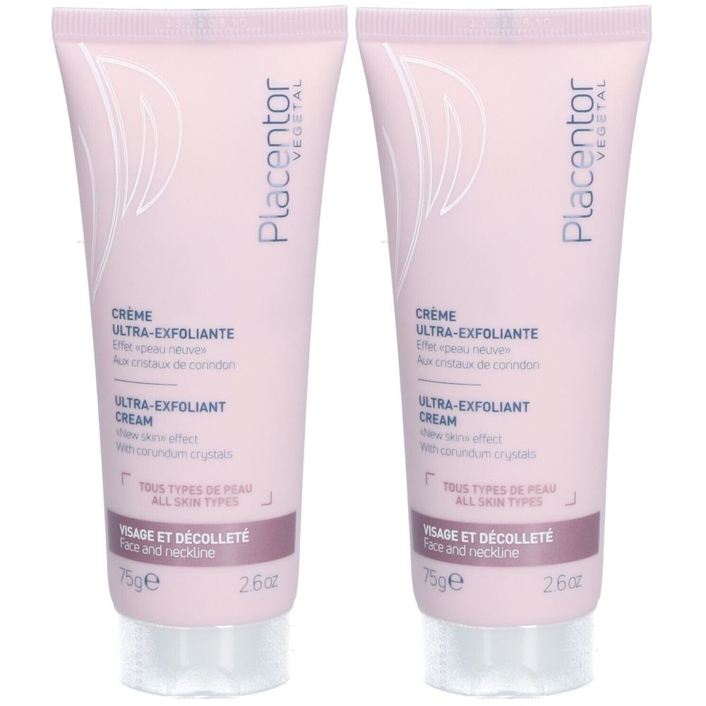 Deux tubes de crème Placentor VEGETAL Ultra-Exfoliante. Tubes roses avec texte blanc. Texte: Crème Ultra-Exfoliante, pour visage et décolleté.