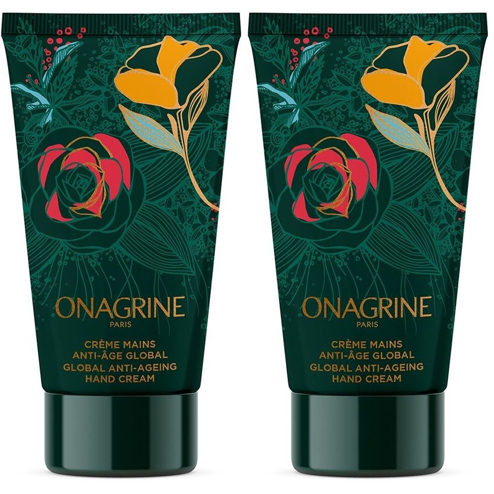 Twee tubes handcrème. Groen met bloemenpatroon en productnaam. Tekst: ONAGRINE, Crème Mains Anti-Âge Global, Hand Cream.