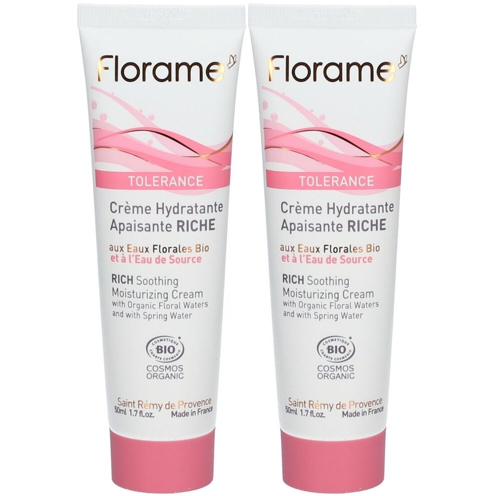 Deux tubes de crème. Inscription: Florame, TOLERANCE, Crème Hydratante Apaisante RICHE. Certification Bio. Texte en français et anglais.