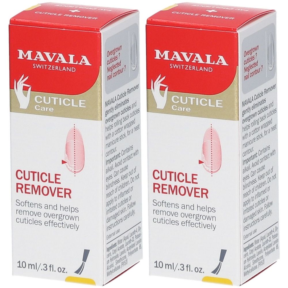 Deux boîtes de "CUTICLE REMOVER" MAVALA. Emballage rouge et blanc avec informations produit et illustration d'un ongle.