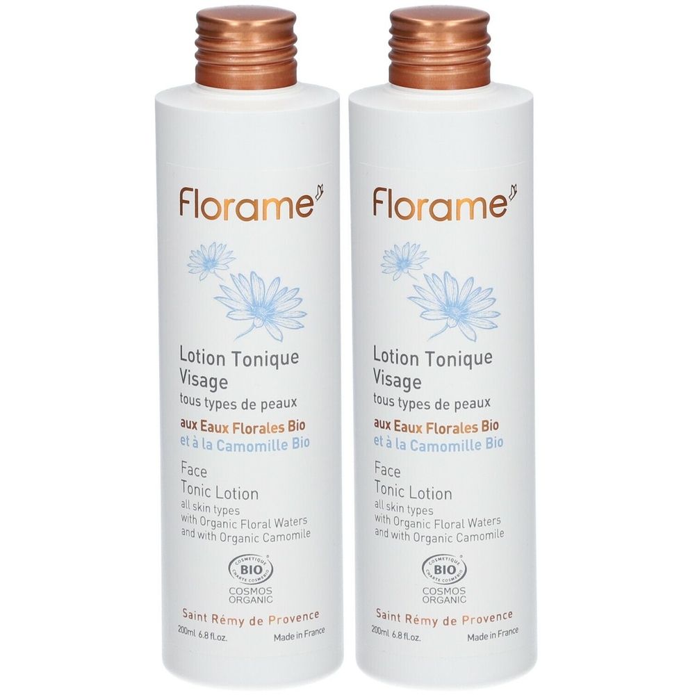 Deux flacons blancs avec bouchons dorés. Inscription: Florame, Lotion Tonique Visage, BIO COSMOS ORGANIC. Textes français et anglais.