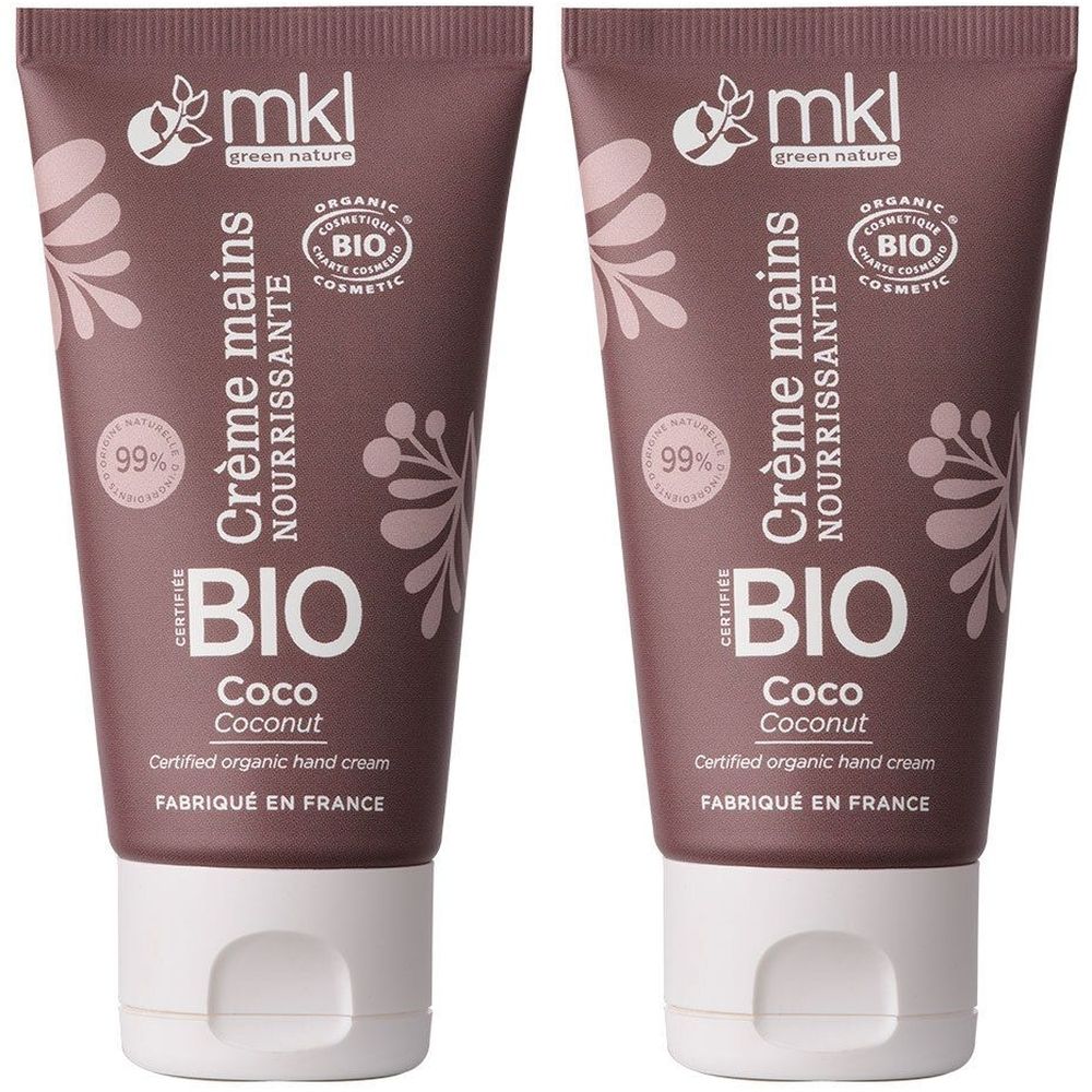 Deux tubes de crème pour les mains certifiée BIO. Inscription: Crème mains, Coco Coconut. Contient 99% d'ingrédients naturels.