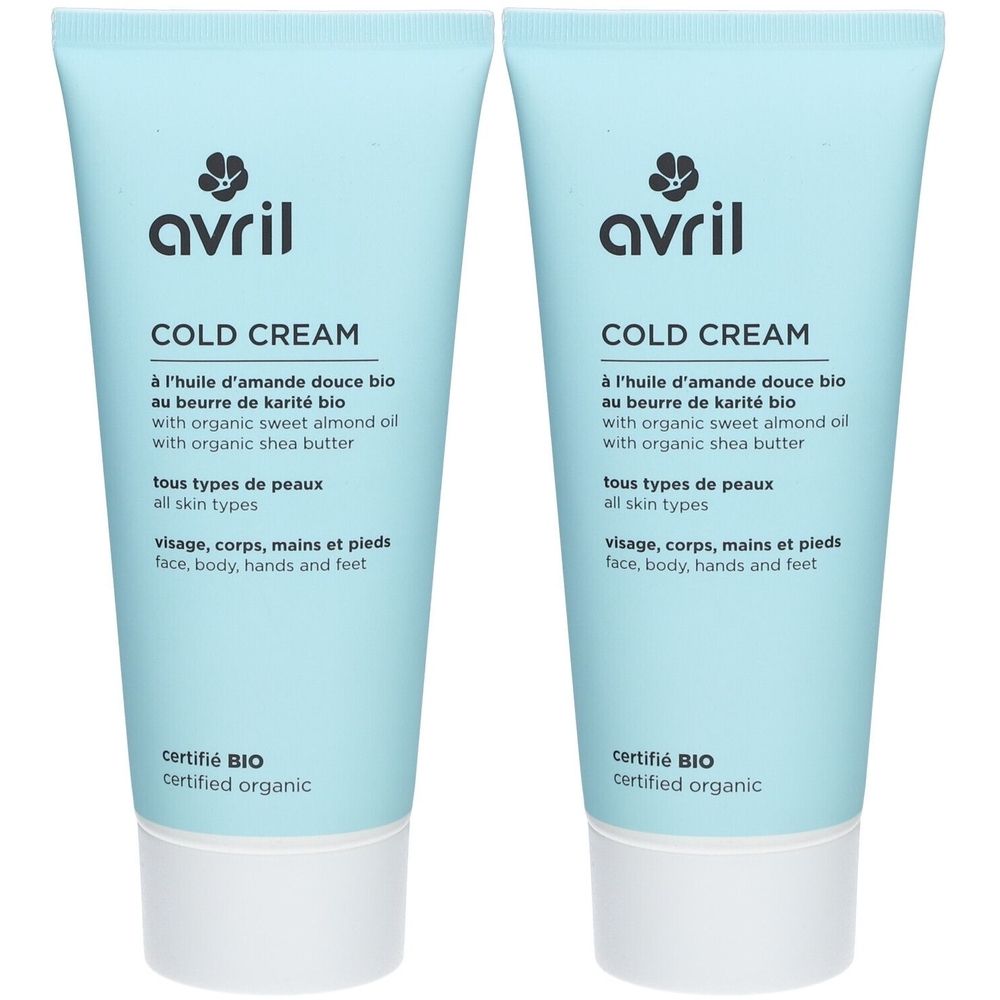Deux tubes de crème Avril Cold Cream. Tubes bleu clair avec bouchon blanc. Inscription : Cold Cream, certifié BIO.