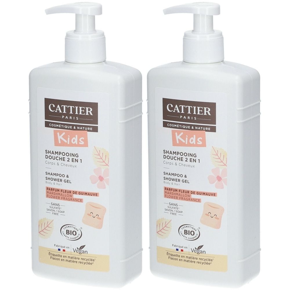 Twee witte flessen met pomp. Opschriften: CATTIER PARIS, Kids, Shampooing Douche 2 en 1, Fleur de guimauve Bio, Vegan.