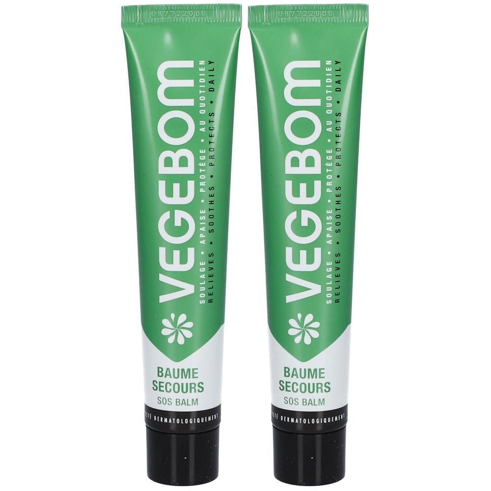 Deux tubes verts de Baume Secours SOS Vegebom avec bouchon noir.