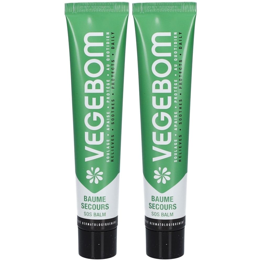 Twee groene tubes Vegebom SOS Balsem met zwarte dop.