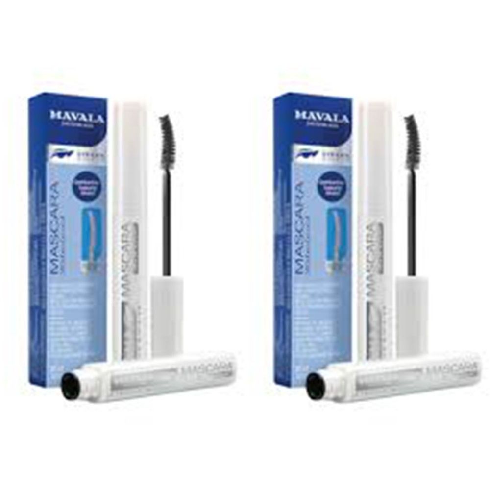 Deux mascaras Mavala. Emballage bleu, tube blanc et brosse. Inscription: MASCARA.