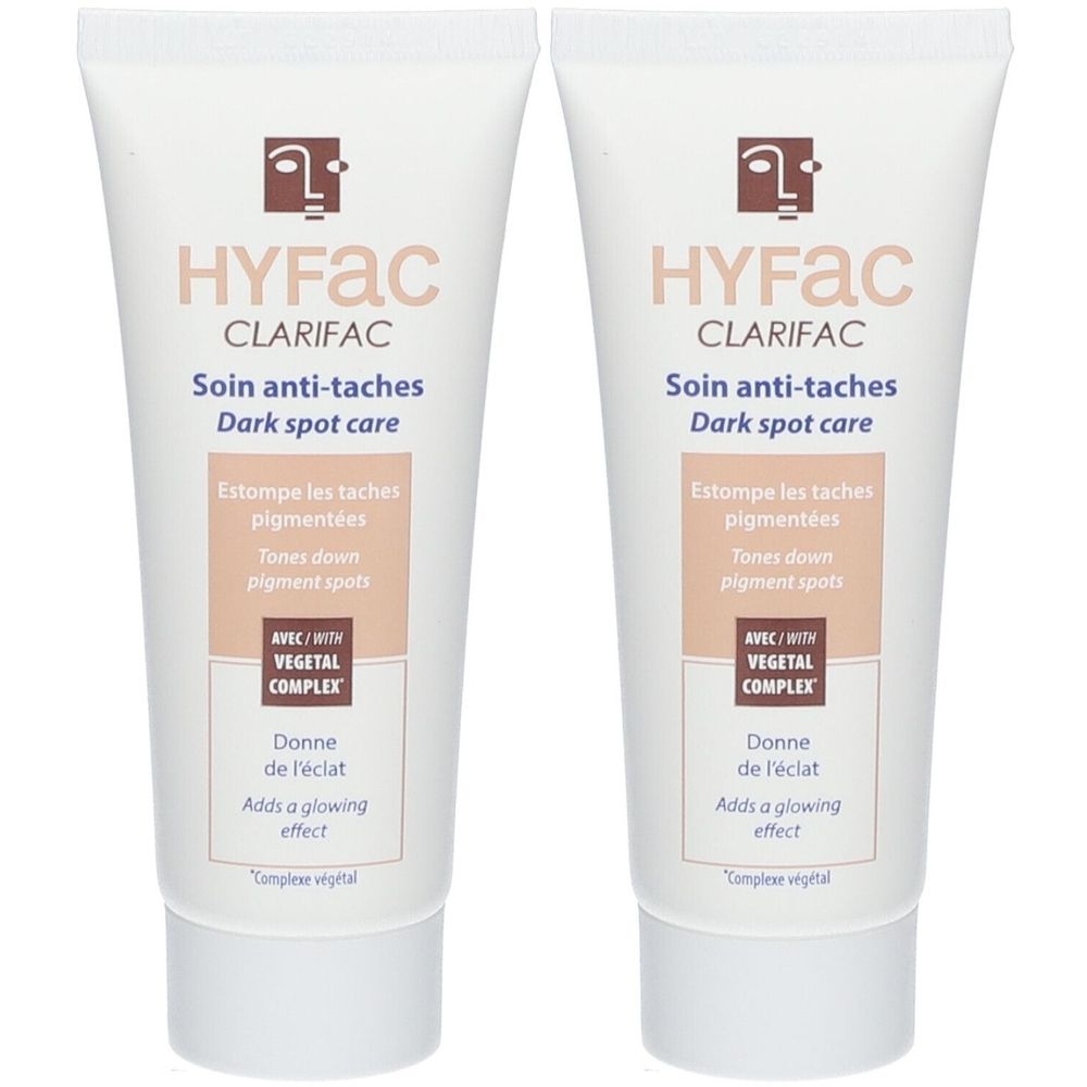 Deux tubes de HYFAC Clarifac Soin Anti-Taches. Tubes blancs avec texte et logo marron. Texte: Dark spot care.