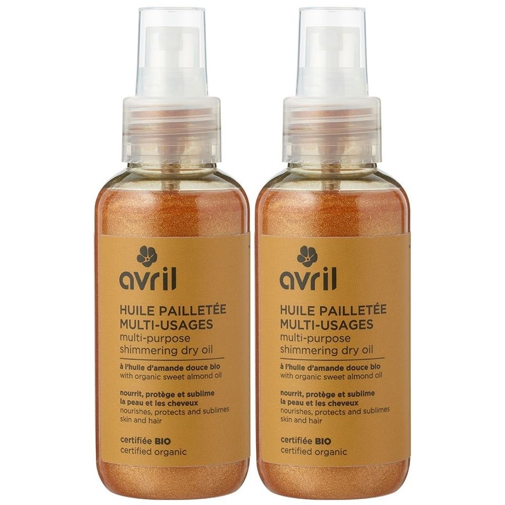 Twee flessen Avril Huile Pailletée Multi-usages. Goudkleurige glansolie met verstuiver. Gecertificeerd biologisch product.