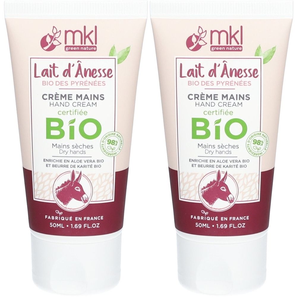 Deux tubes de crème pour les mains "Lait d'Ânesse BIO". Produit certifié bio pour mains sèches.