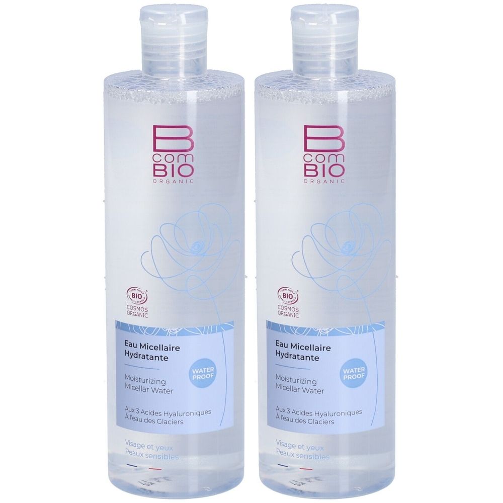 Deux flacons transparents avec bouchons blancs. Inscription : B COM BIO, Eau Micellaire Hydratante. Avec certification bio.