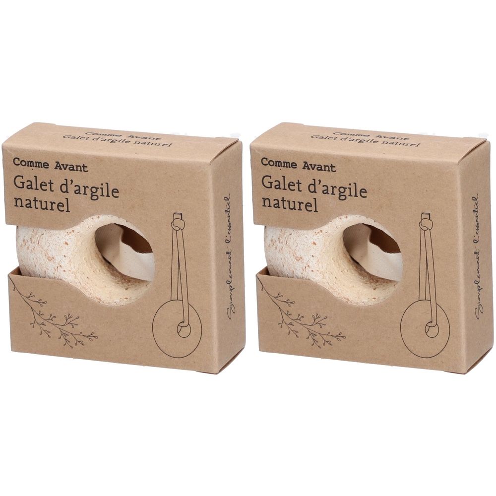Deux produits dans des boîtes en carton. Inscription : Comme Avant, Galet d'argile naturel. Pierre beige percée.