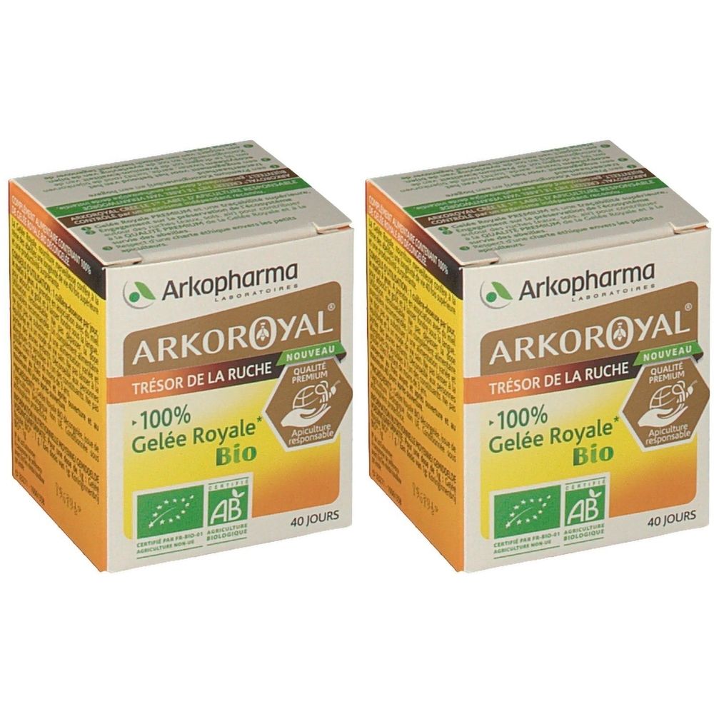 Deux boîtes carrées Arkoroyal, 100% Gelée Royale Bio. Avec label AB Bio et mention 40 jours.