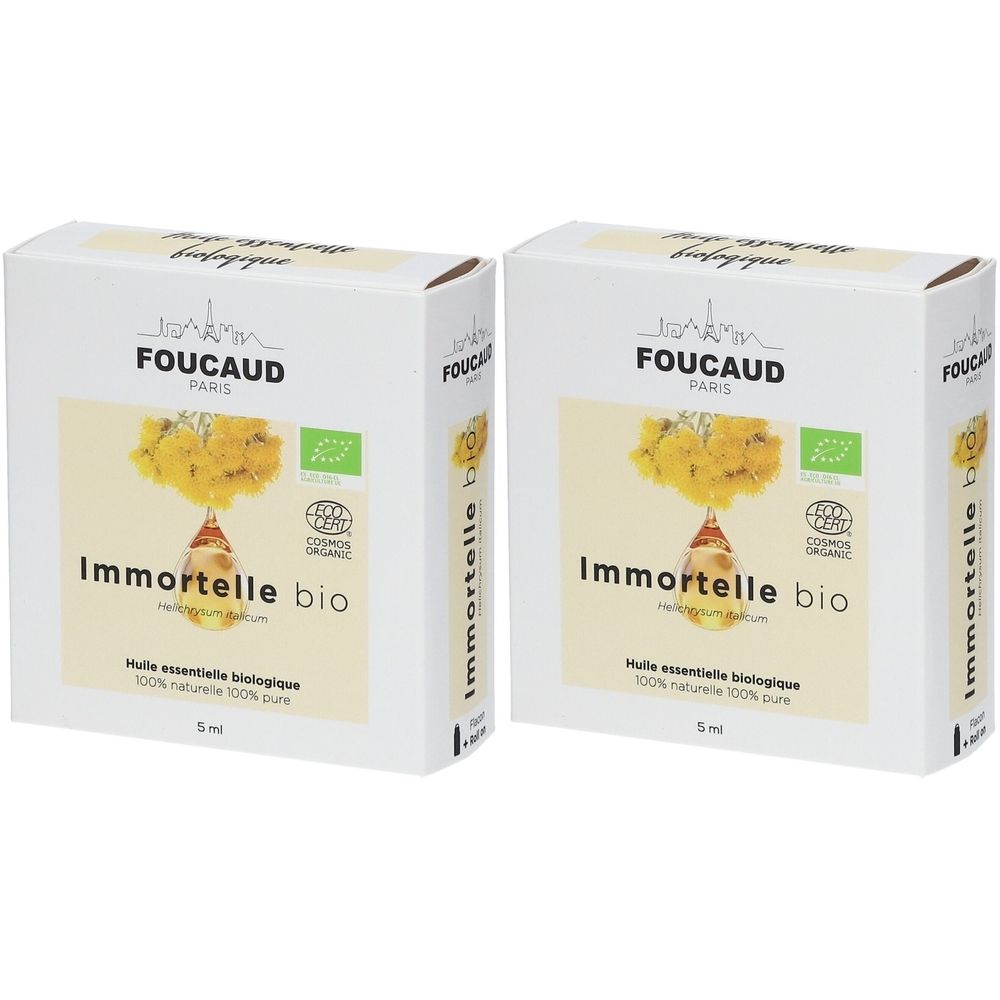 Deux boîtes blanches avec impression. Inscription: FOUCAUD PARIS, Immortelle bio, Huile essentielle biologique, 100% naturelle 100% pure. Label bio.