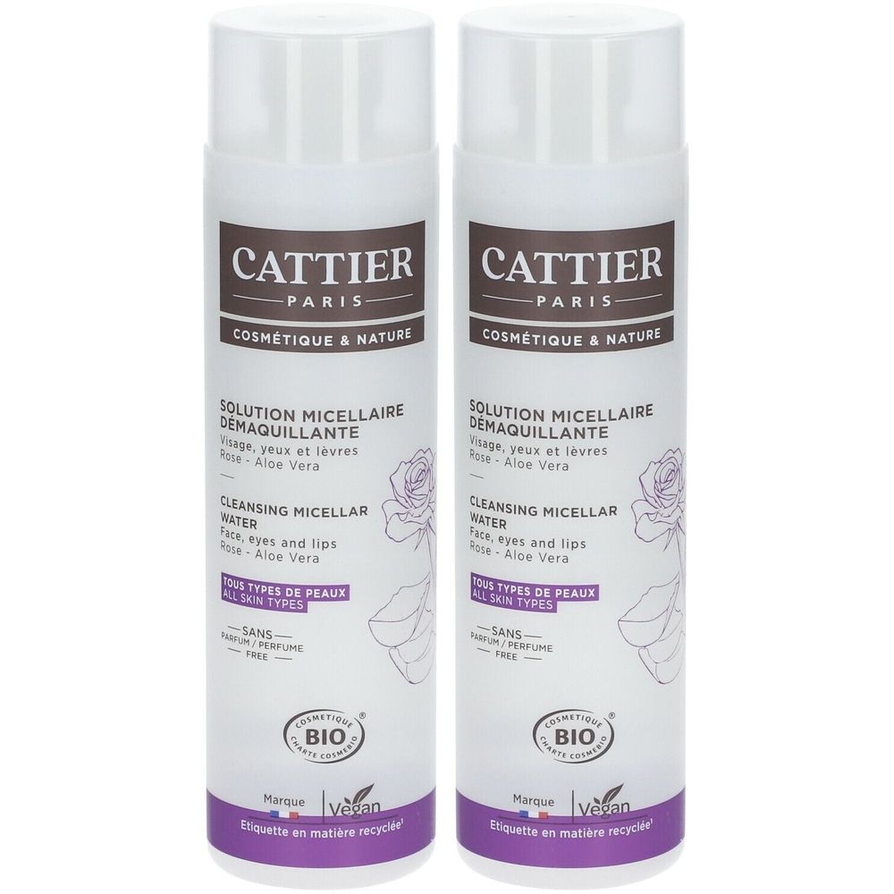 Twee witte flessen met opschrift CATTIER PARIS. Etiket met productnaam en Bio-certificering. Flessen met verstuiver.