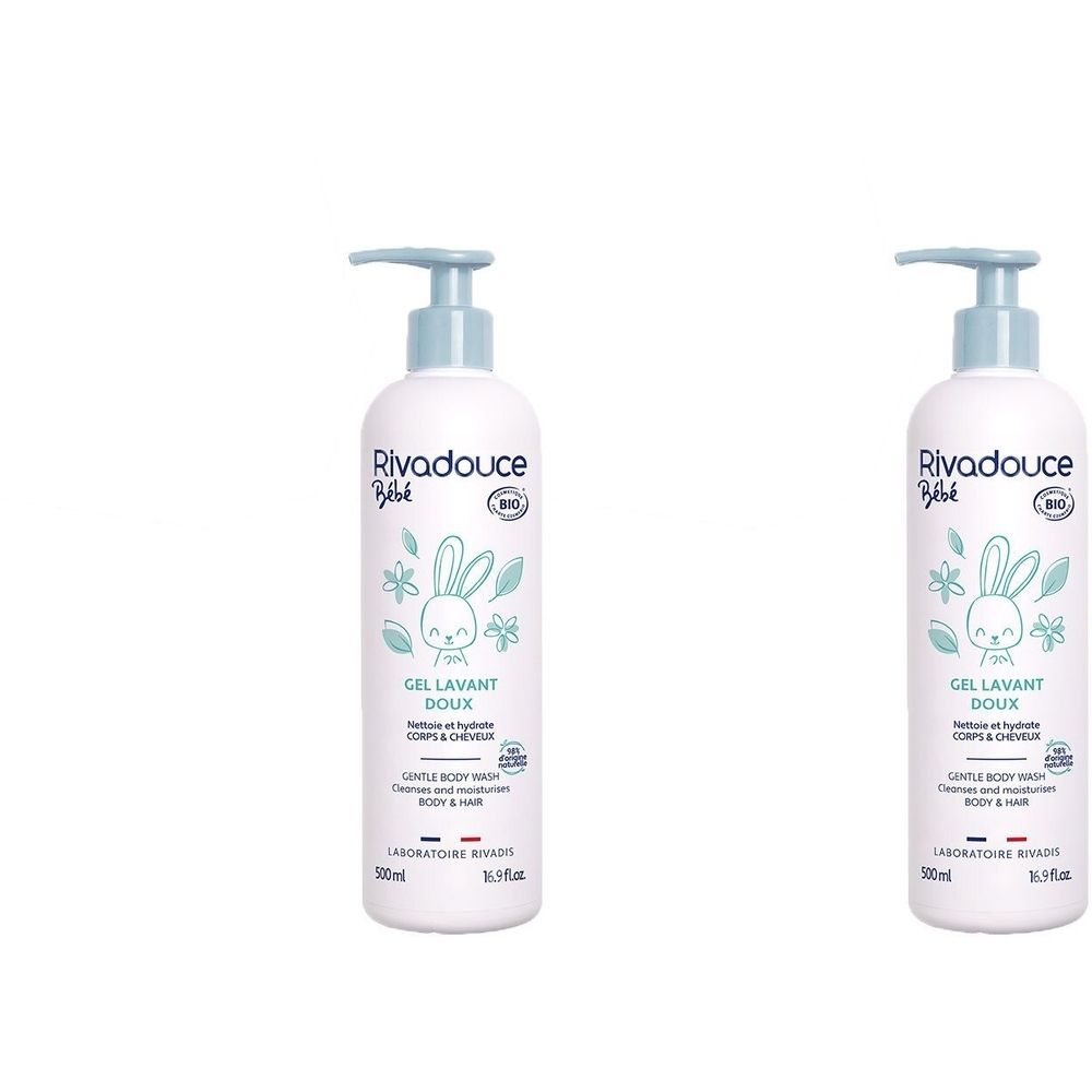 Twee witte flessen met blauwe pomp. Opschrift Rivadouce Bébé, bio-label en productnaam. Illustratie van een konijn.