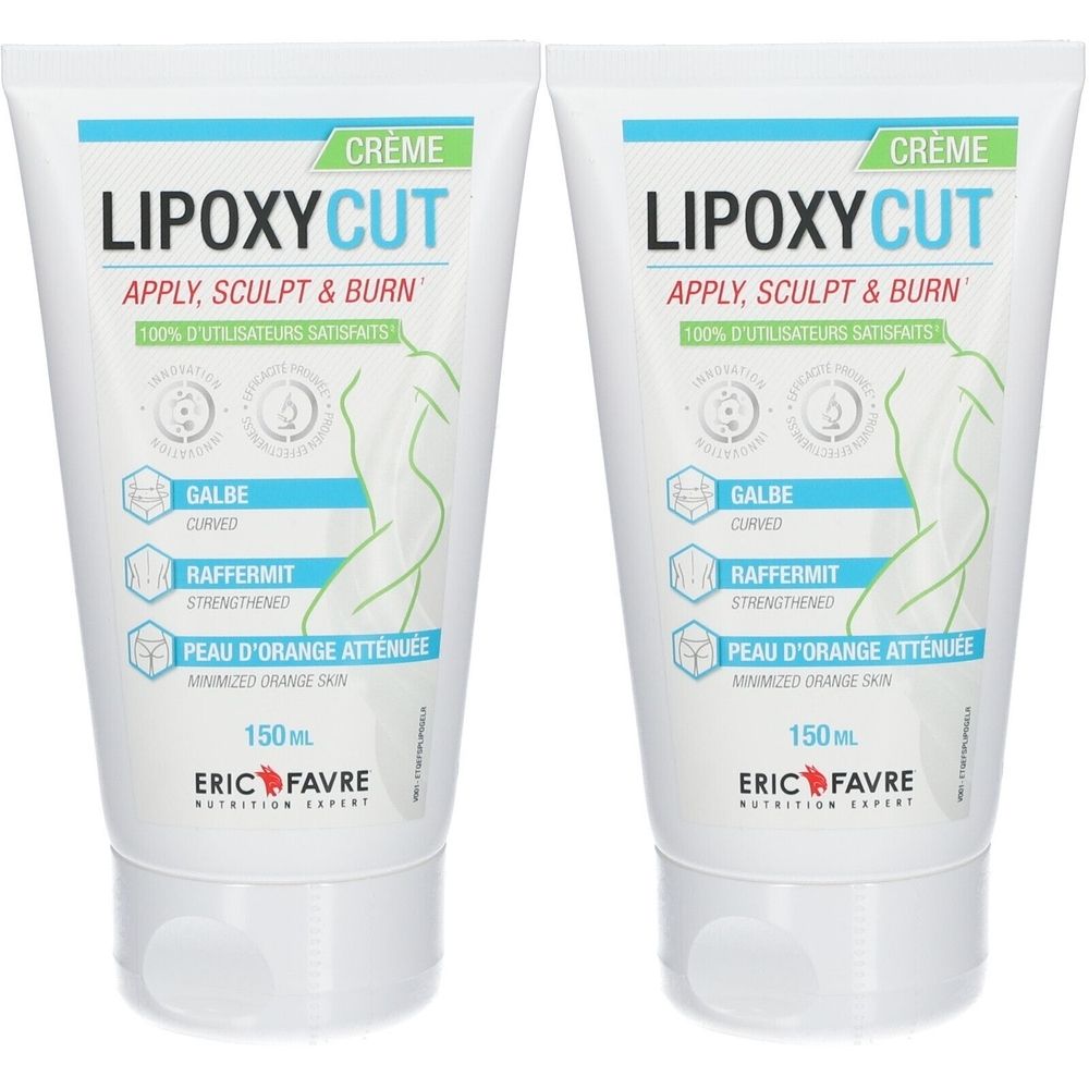 Twee witte tubes met opdruk. Opschrift: LIPOXYCUT, APPLY, SCULPT & BURN. Merk: ERIC FAVRE. Bevat 150 ml.