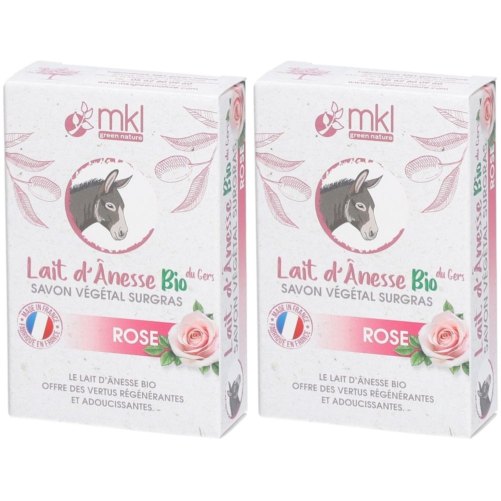 Twee rechthoekige zeepverpakkingen. Opschrift: mkl, Lait d'Anesse Bio, Rose. Met afbeelding van een ezel en een roos.
