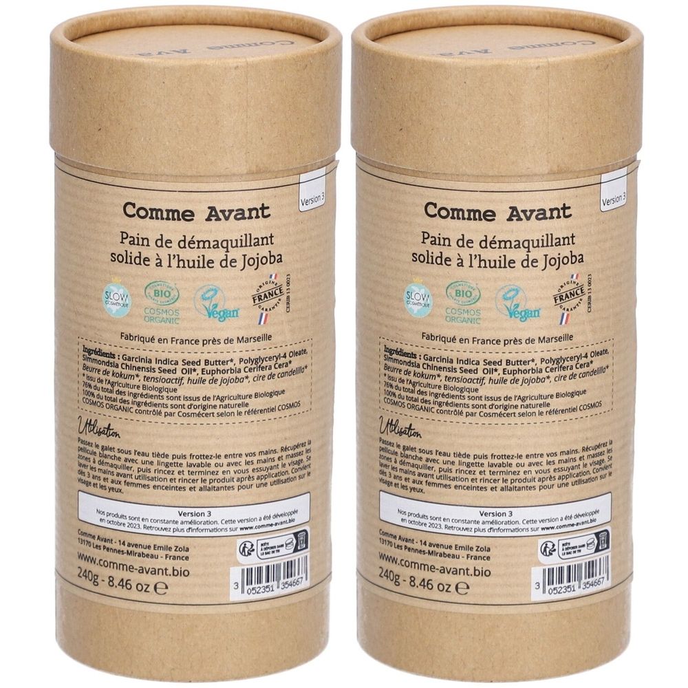 Deux cylindres en papier brun. Inscription : Comme Avant, Pain de démaquillant solide à l'huile de Jojoba. Bio, Vegan, France. Certifications visibles.