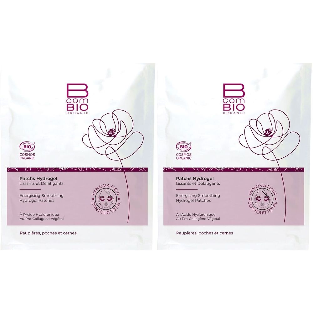Deux sachets de patchs hydrogel. Marque B COM BIO, label COSMOS ORGANIC. Inscription: Energising Smoothing Hydrogel Patches. Pour les yeux.