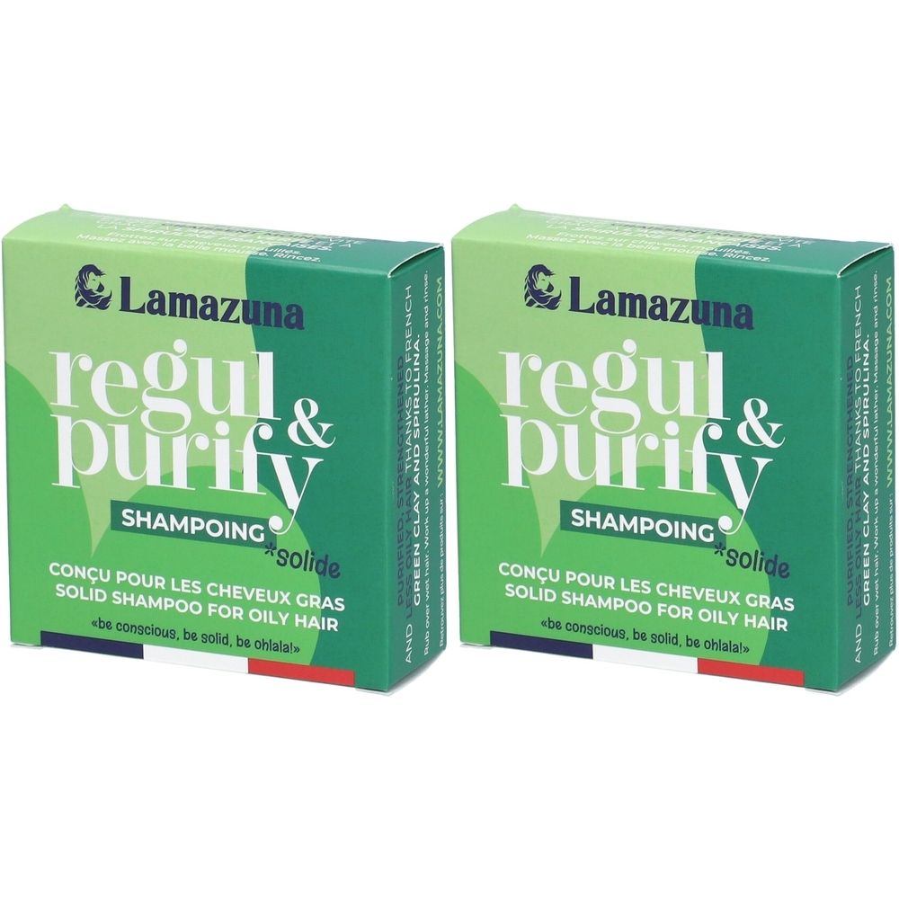 Deux boîtes vertes avec l'inscription "Lamazuna regul & purify Shampoing solide". Texte : "CONÇU POUR LES CHEVEUX GRAS SOLID SHAMPOO FOR OILY HAIR".