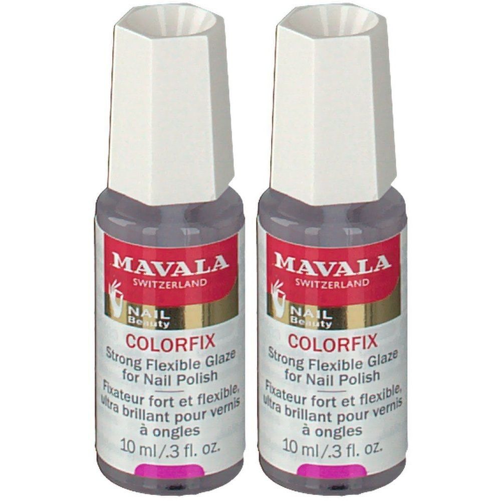 Deux flacons de vernis à ongles Mavala Colorfix. Chaque flacon a un bouchon blanc et une étiquette rouge avec des informations.