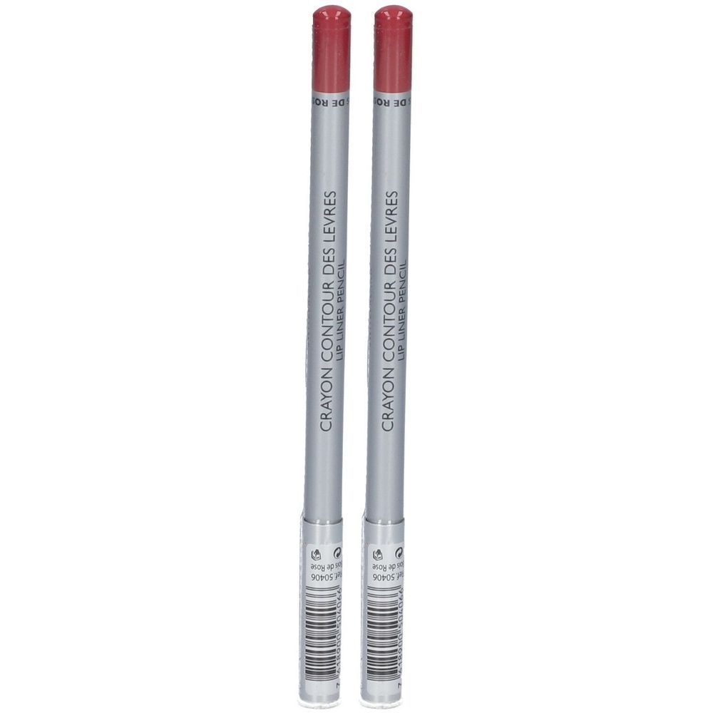 Deux crayons contour des lèvres. Crayons gris avec embout rouge. Inscription: Crayon Contour des Lèvres, Lip Liner Pencil.