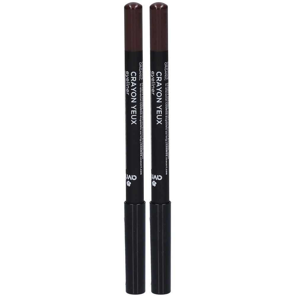 Deux crayons pour les yeux bruns. Étui noir avec texte blanc: CRAYON YEUX, ORGANIC eyeliner. Capuchon brun.
