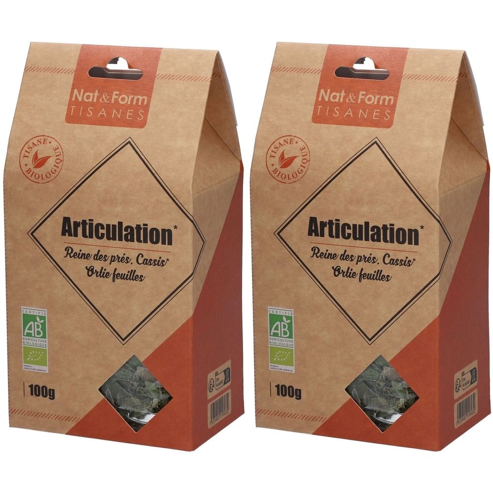 Deux sachets de tisane Articulation Nat&Form. Fenêtre avec herbes. Labels AB et Bio. Inscription 100g.