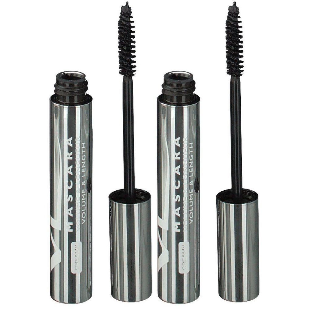 Trois tubes de mascara avec brosses ouvertes. Tubes argentés avec texte noir: MASCARA VOLUME & LENGTH. Brosses noires.