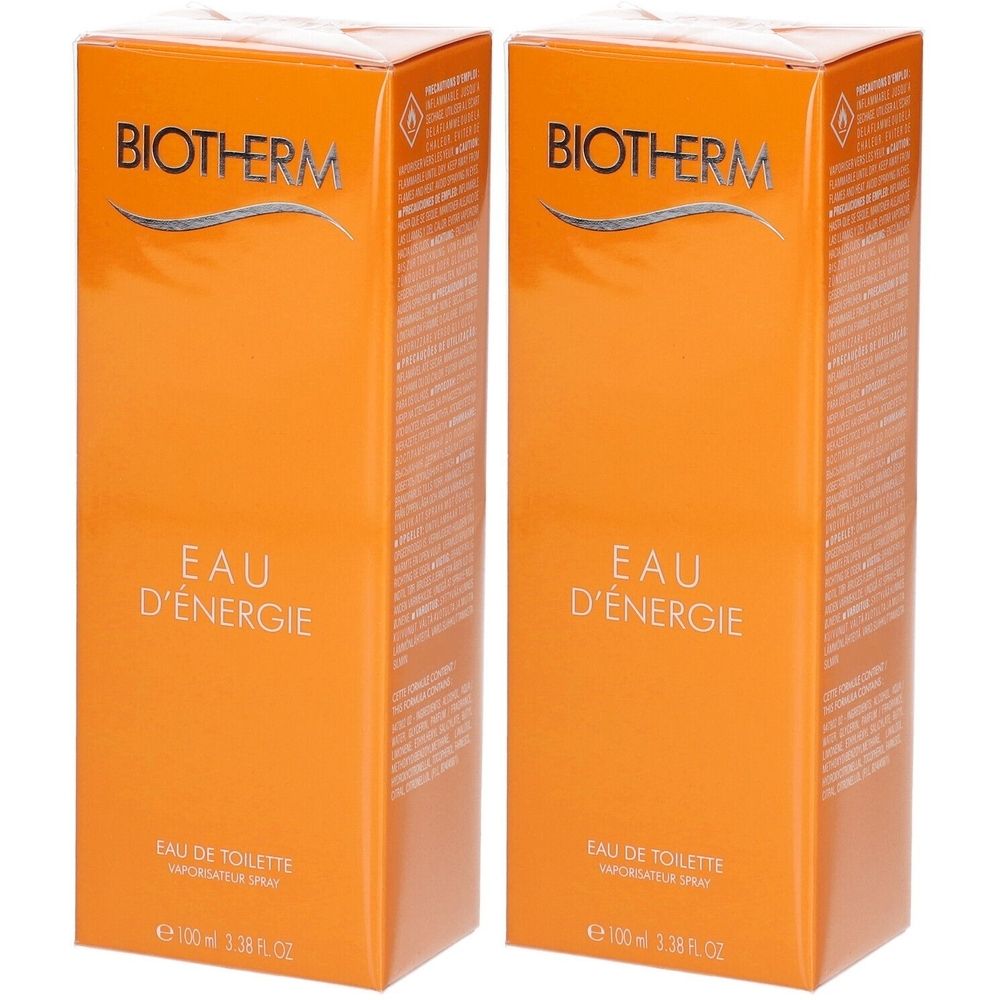 Deux boîtes orange avec les inscriptions BIOTHERM, EAU D'ENERGIE et Eau de Toilette. L'emballage est de forme rectangulaire.