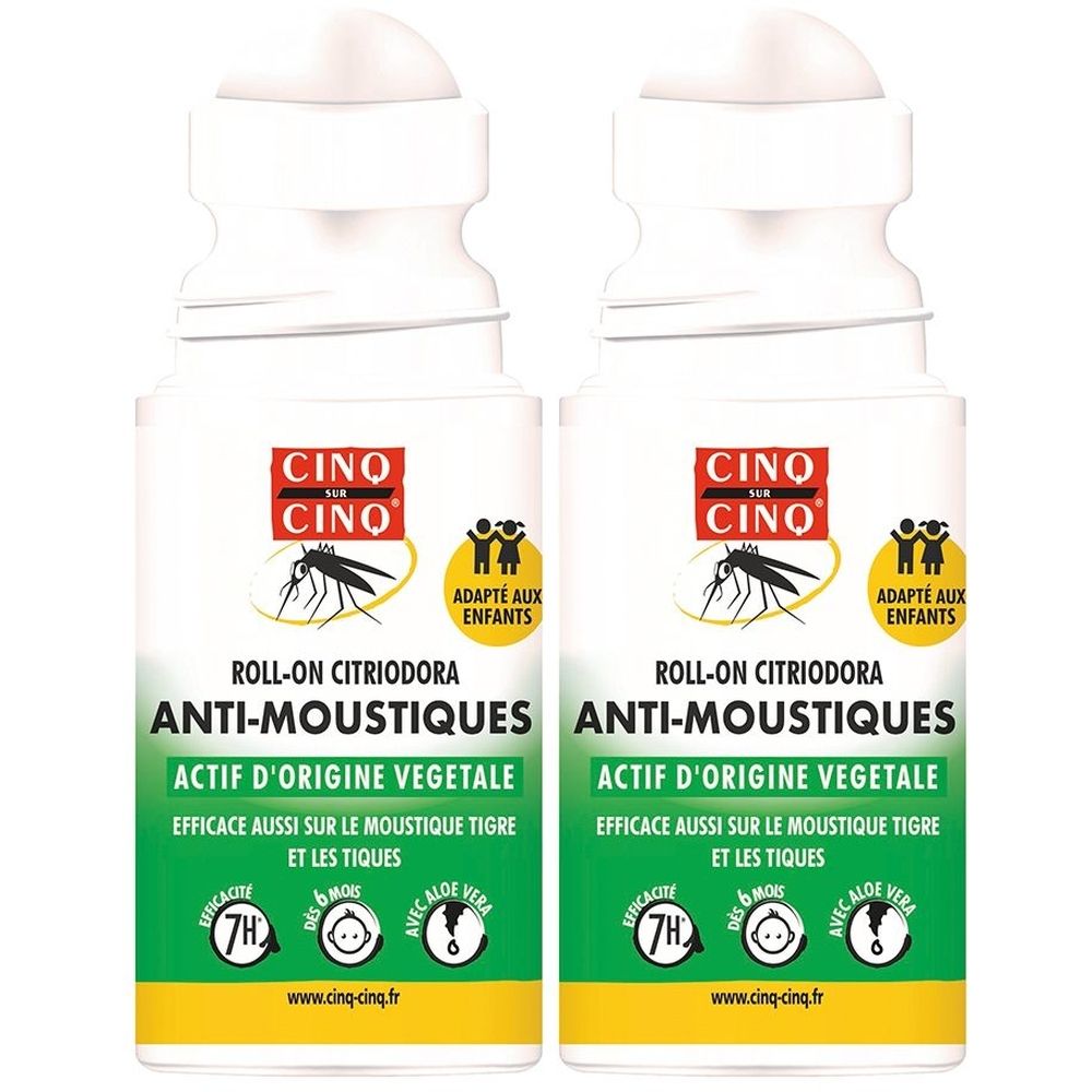 Deux roll-on anti-moustiques. Flacons blancs avec applicateur à bille. Inscription : CINQ SUR CINQ, Anti-Moustiques, Actif d'origine végétale.