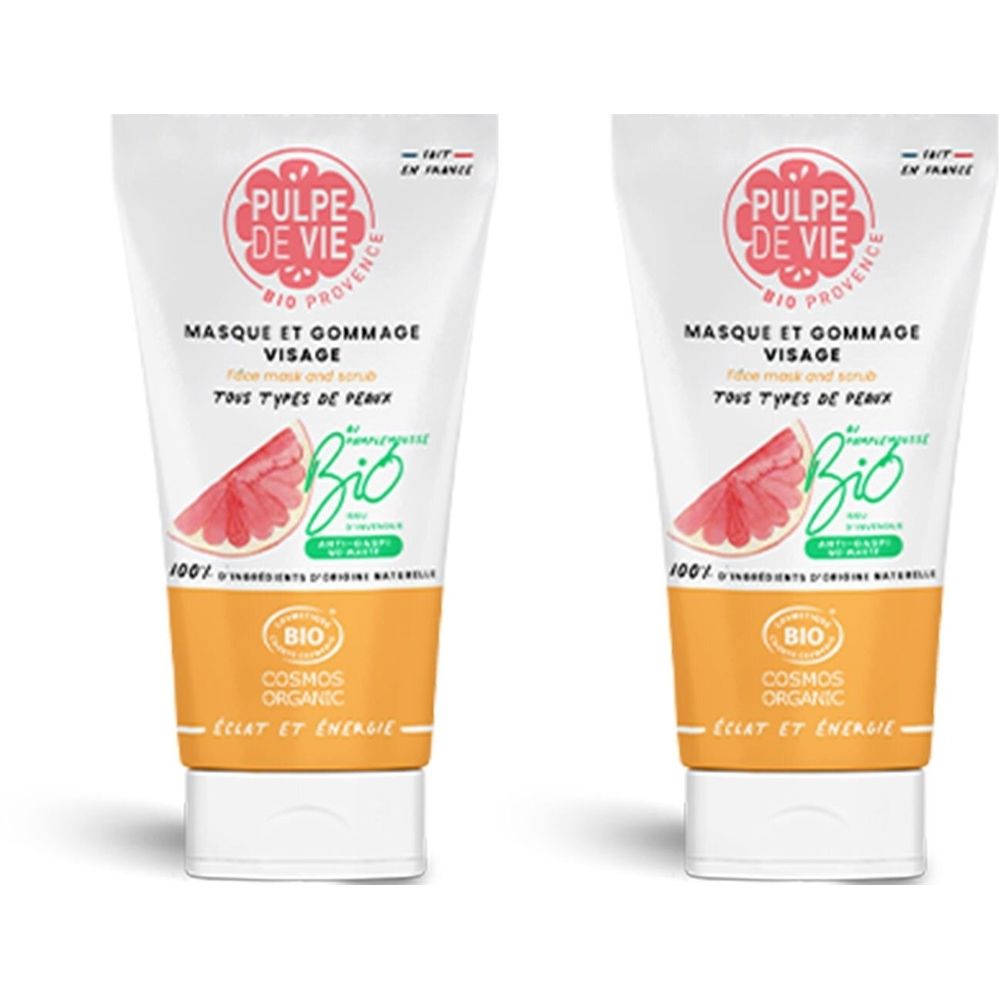 Twee tubes gezichtsmasker en scrub. Wit, met oranje band en productnaam. Bio-certificering.