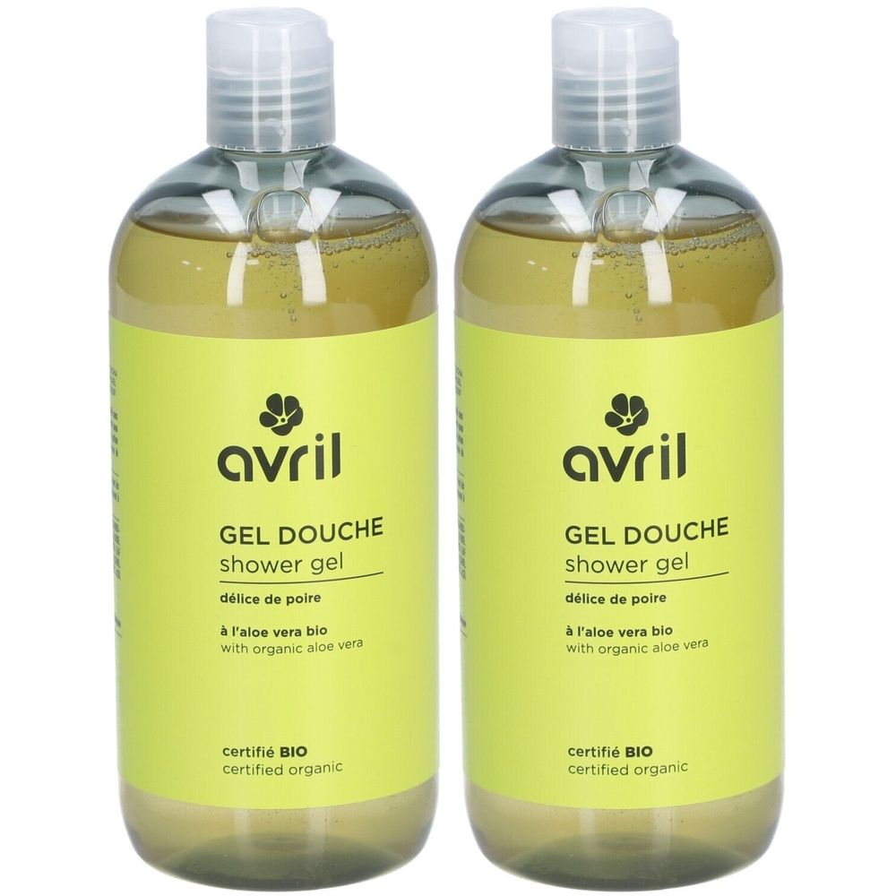 Twee flessen AVRIL douchegel met geel etiket. Tekst: GEL DOUCHE, Délice de Poire, gecertificeerd BIO. Transparante flessen, witte dop.