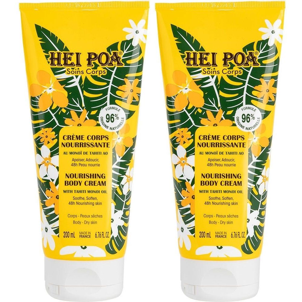Deux tubes de crème pour le corps. Fond jaune, motifs floraux. Inscription: HEI POA, Crème Nourrissante Corps, formule naturelle 96%.
