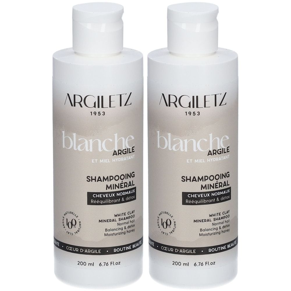 Twee witte shampoo flessen met etiketten. Opschrift: ARGILETZ, blanche, Shampooing Minéral, 200 ml.