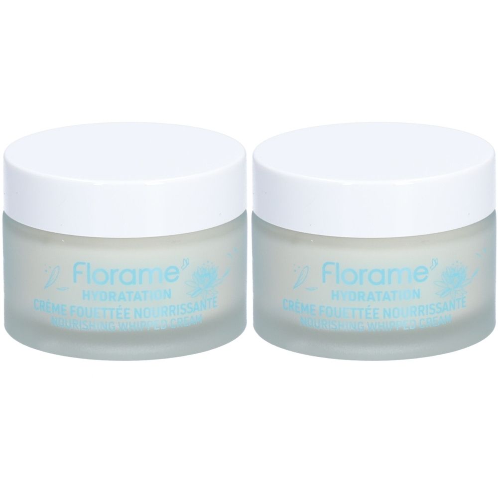 Deux pots de crème avec couvercles blancs. Inscription Florame, Hydratation, Crème fouettée nourrissante.