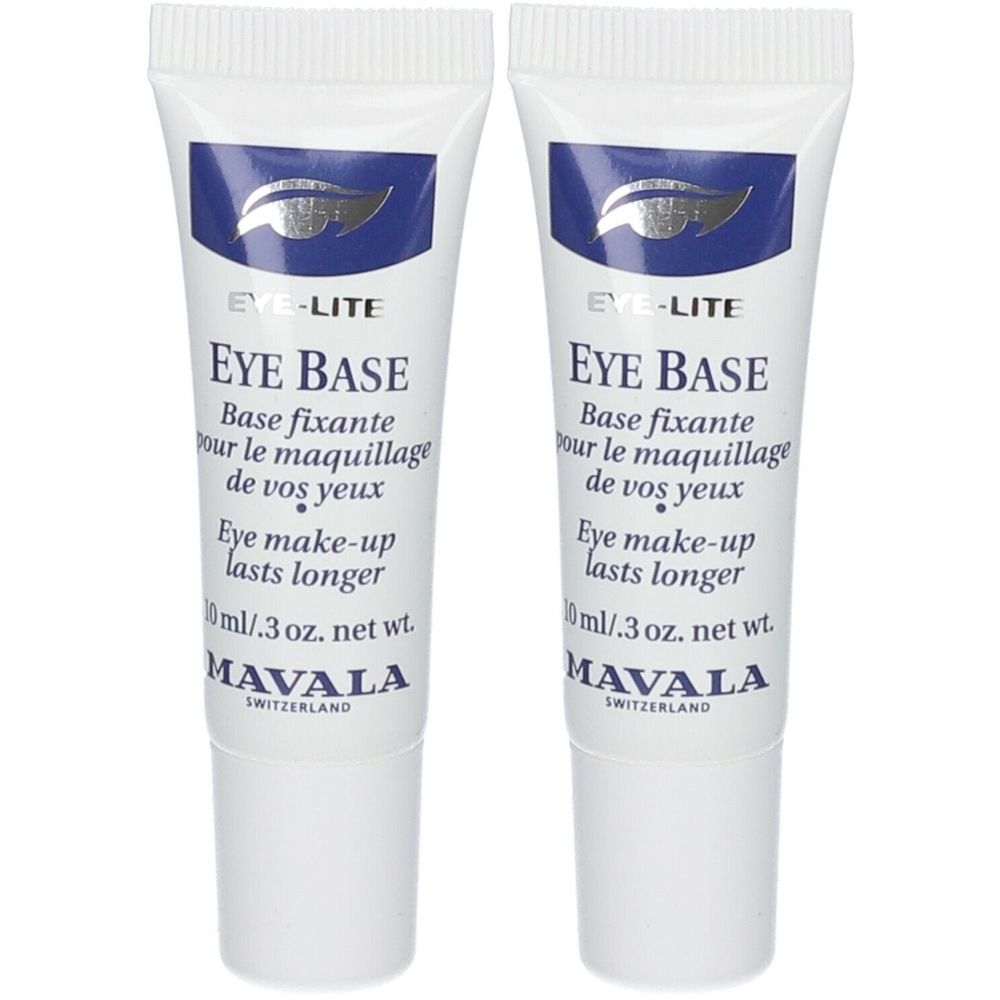 Deux tubes blancs avec impression bleue. Inscription: EYE BASE, Base fixante, Eye make-up lasts longer. Marque: MAVALA.