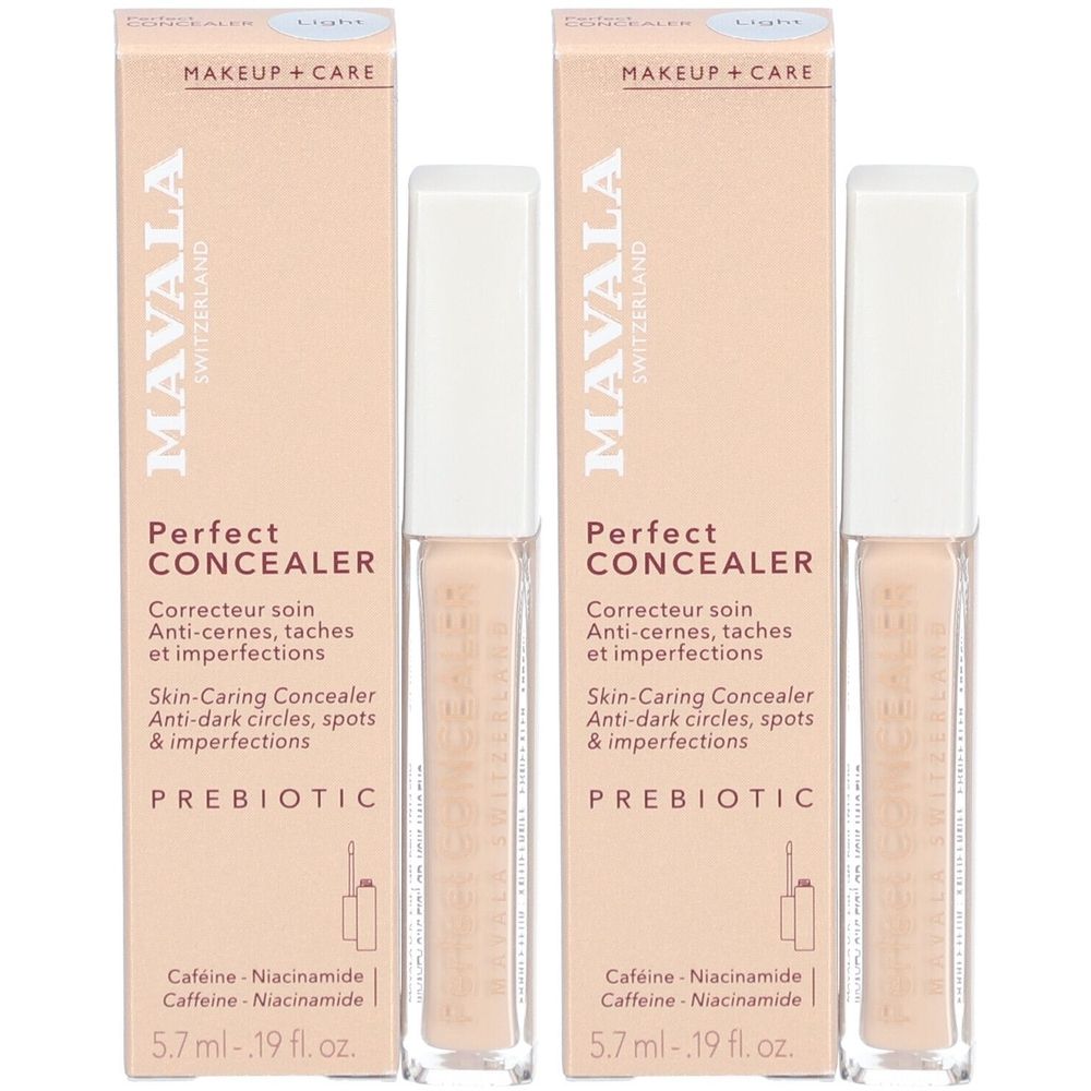 Deux produits Mavala Perfect Concealer Light avec emballage. Inscription: Perfect Concealer, Anti-cernes, Prebiotic, 5.7 ml.