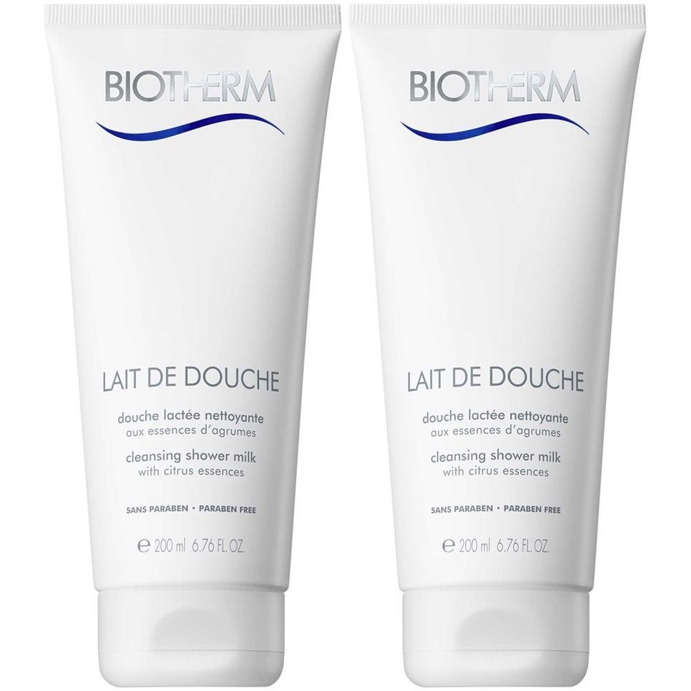 Deux tubes blancs de "BIOTHERM LAIT DE DOUCHE". Inscriptions en français et anglais. Mention "SANS PARABEN". Contenance: 200ml.