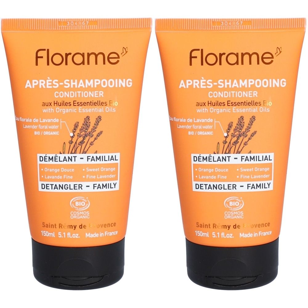Deux tubes orange de Florame Après-Shampooing. Inscription : Conditioner, Demêlant Familial, Detangler Family. Certification Bio.