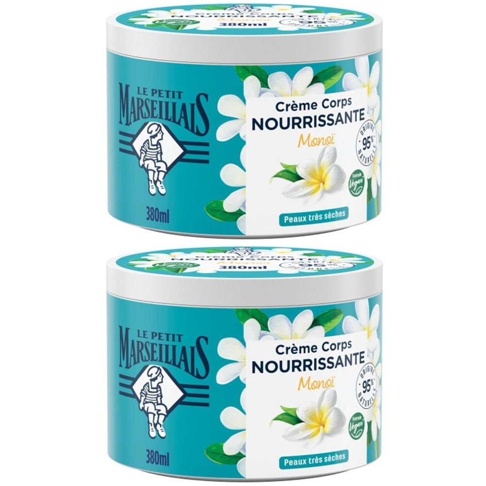 Deux pots de Crème Corps Nourrissante. Emballage turquoise et blanc avec fleurs et nom du produit. 380ml.