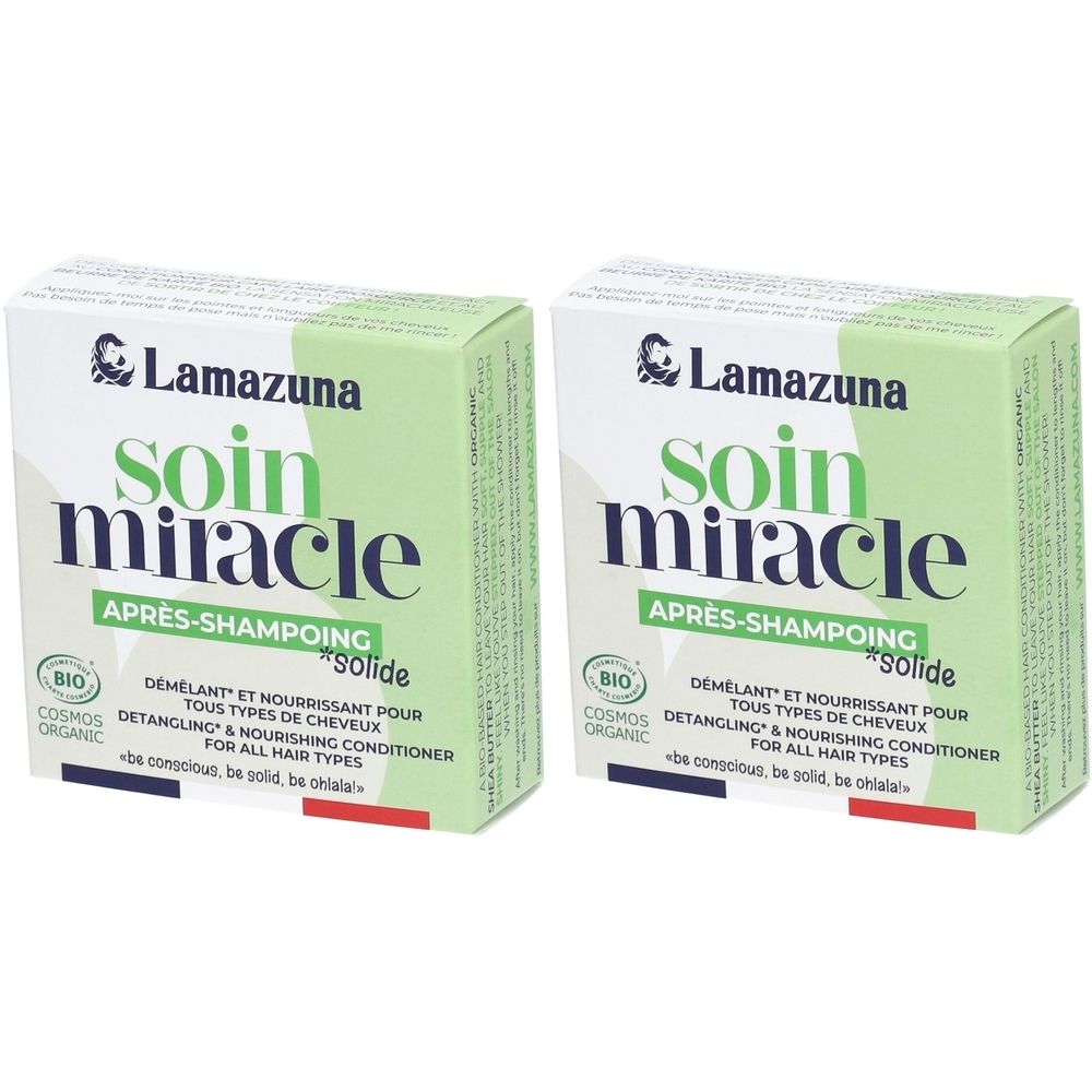Twee rechthoekige dozen met de tekst "Lamazuna soin miracle après-shampoing solide". Groene achtergrond, witte tekst, bio-certificering.