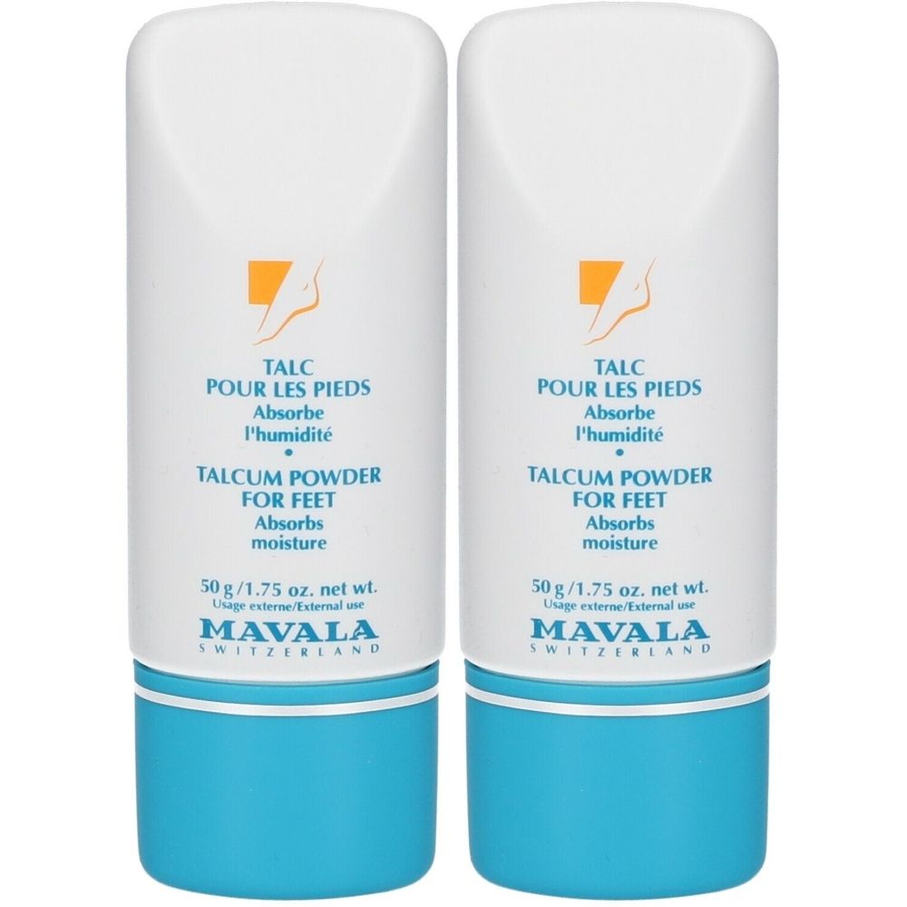 Deux flacons blancs avec base bleue. Inscription: TALC POUR LES PIEDS, TALCUM POWDER FOR FEET. Marque: MAVALA.