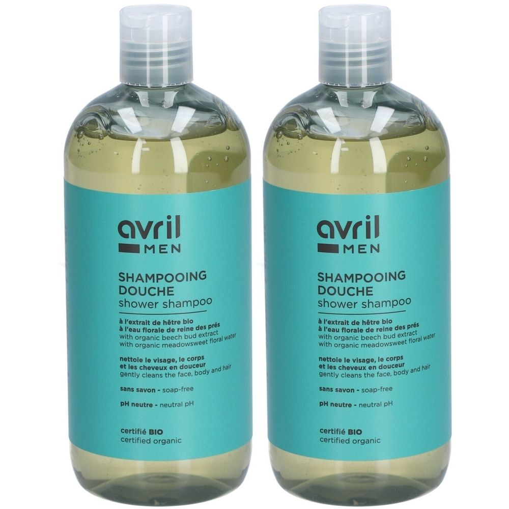 Deux flacons de Shampooing Douche Avril Men. Étiquettes turquoise avec texte blanc. Certifié Bio. Flacons transparents avec liquide jaunâtre.