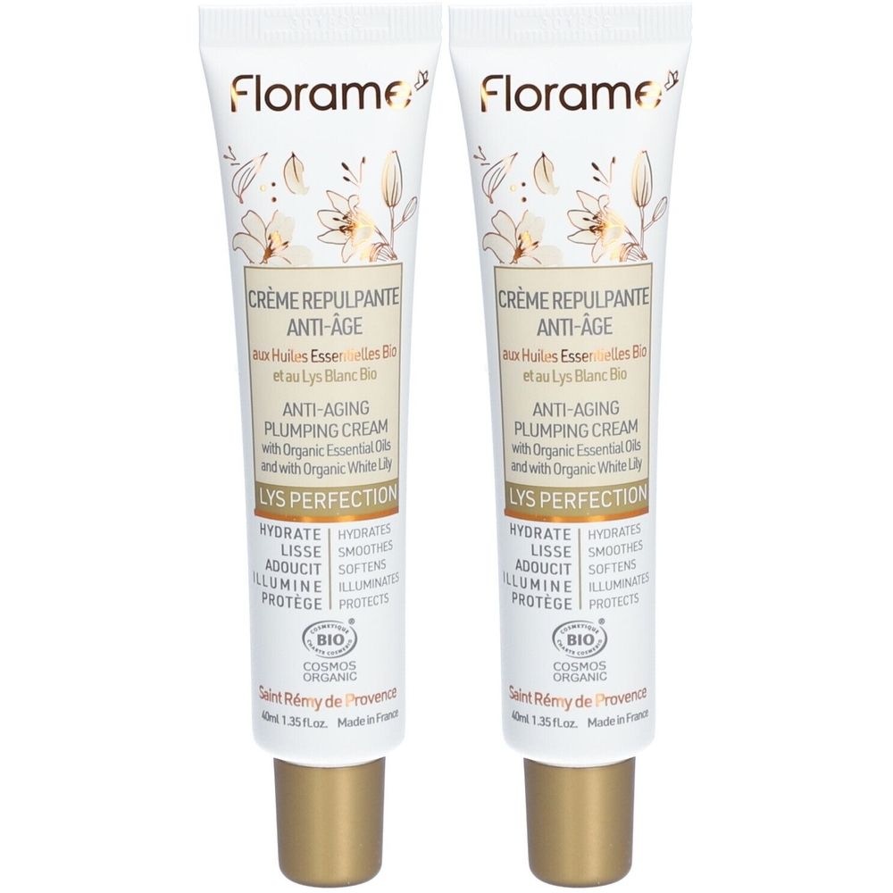 Twee crèmetubes. Opschrift: Florame, Crème repulpante anti-âge, met Bio-certificering. Gouden dop.