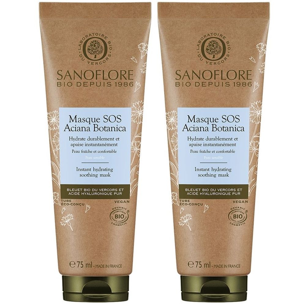 Deux tubes de masque facial. Inscription: SANOFLORE, Masque SOS Aciana Botanica. Certification bio. Emballage brun, bouchon vert.