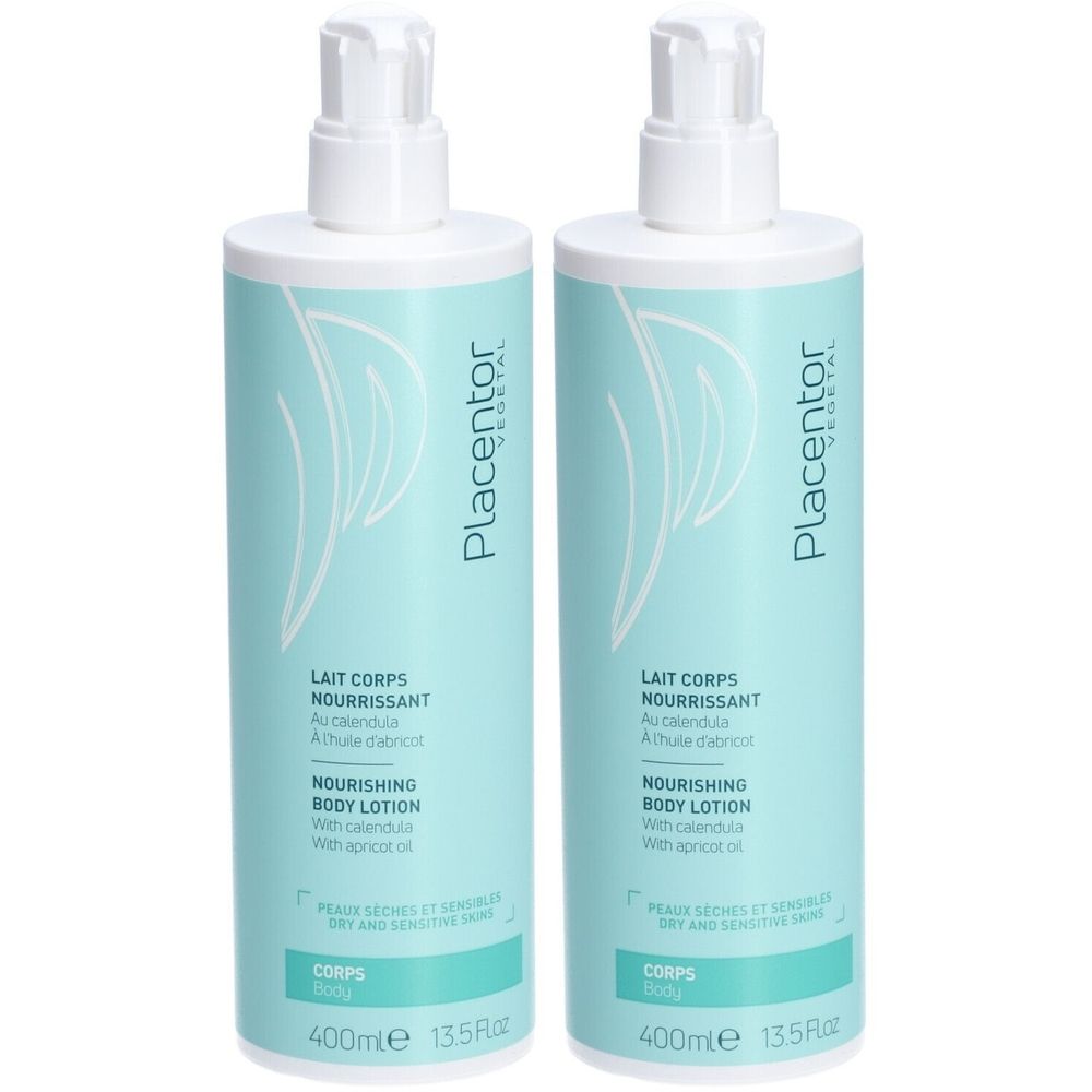 Twee flessen bodylotion. Lichtblauwe cilindrische flessen met witte pomp. Opschrift: Placentor Végétal, Lait Corps Nourrissant.